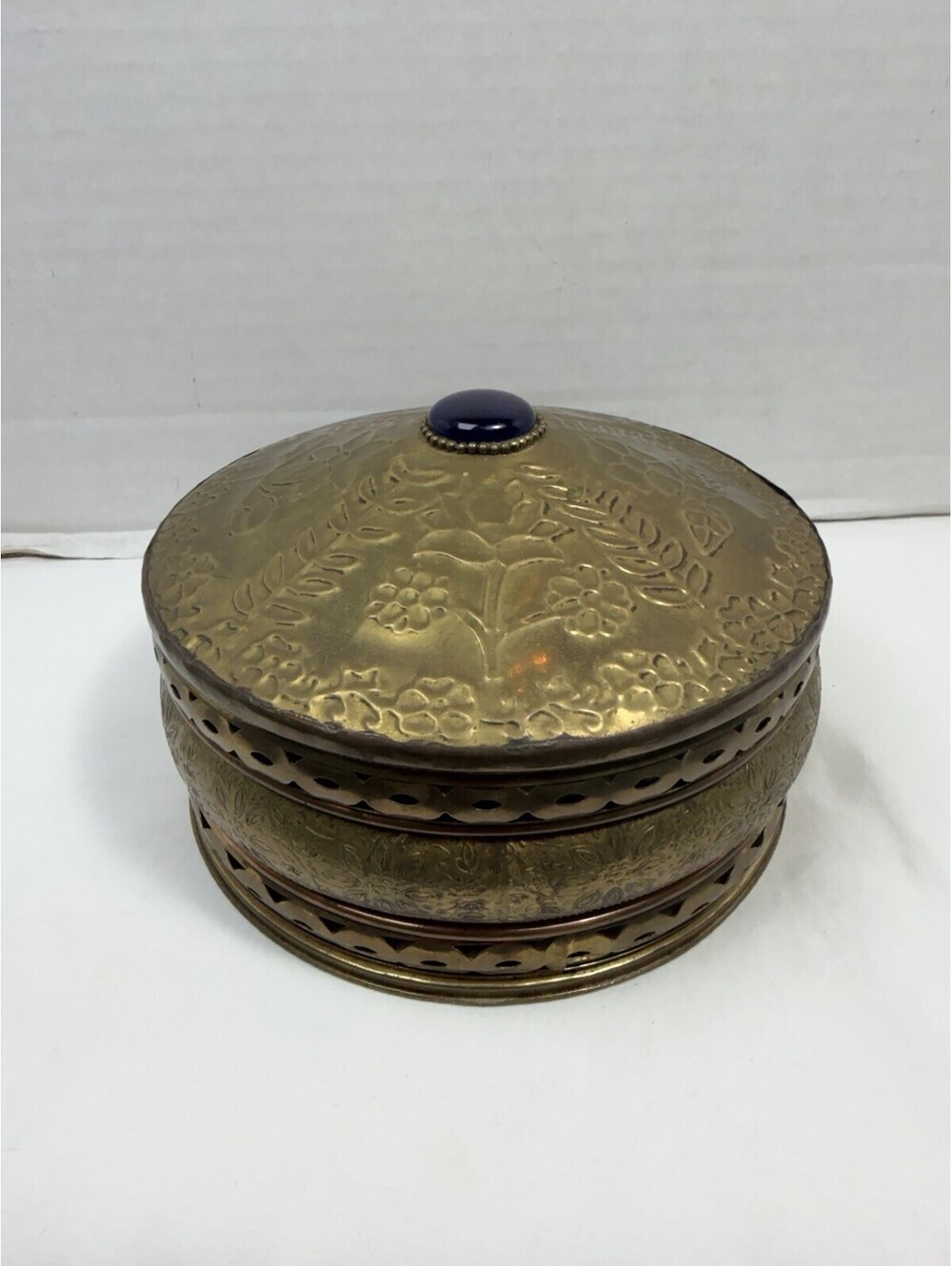 Vintage Hammered Brass With Copper Band & Green Jewel Round Box